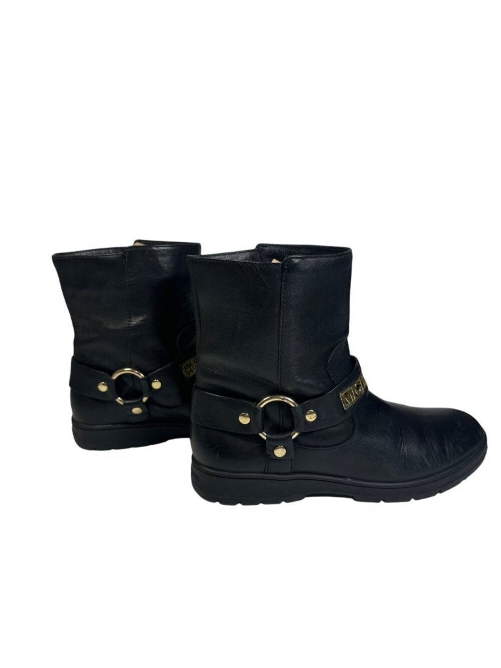 MICHAEL KORS ESSEX ICONIC BLACK GOLD LOGO MOTO BIKER BOOTS Size 7M - Picture 7 of 13